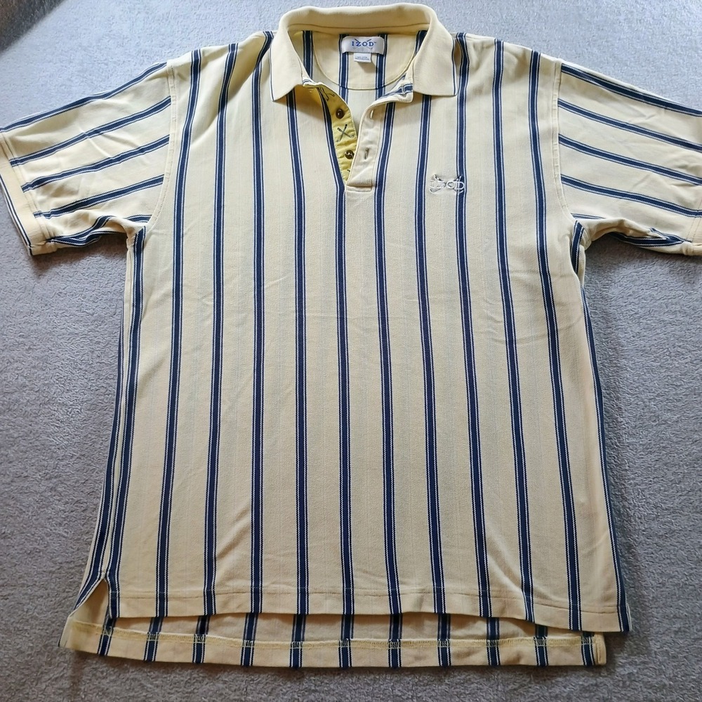IZOD Mens Polo Shirt Yellow Blue Striped Medium Cotton Golf Short Sleeve